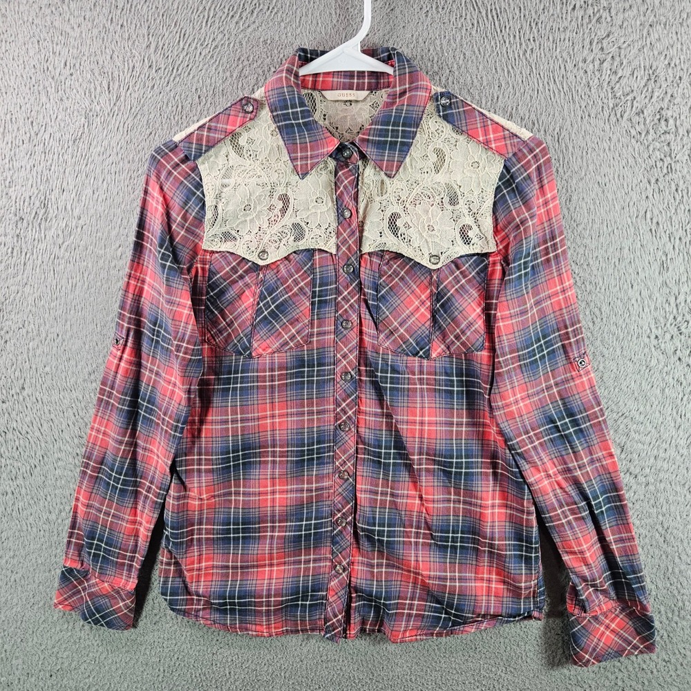 GUESS Womens Plaid Lace Back Button Up Shirt Red Blue XS